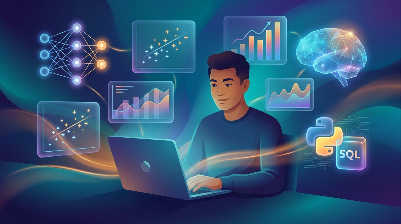 Data science online course illustration with charts, code and AI