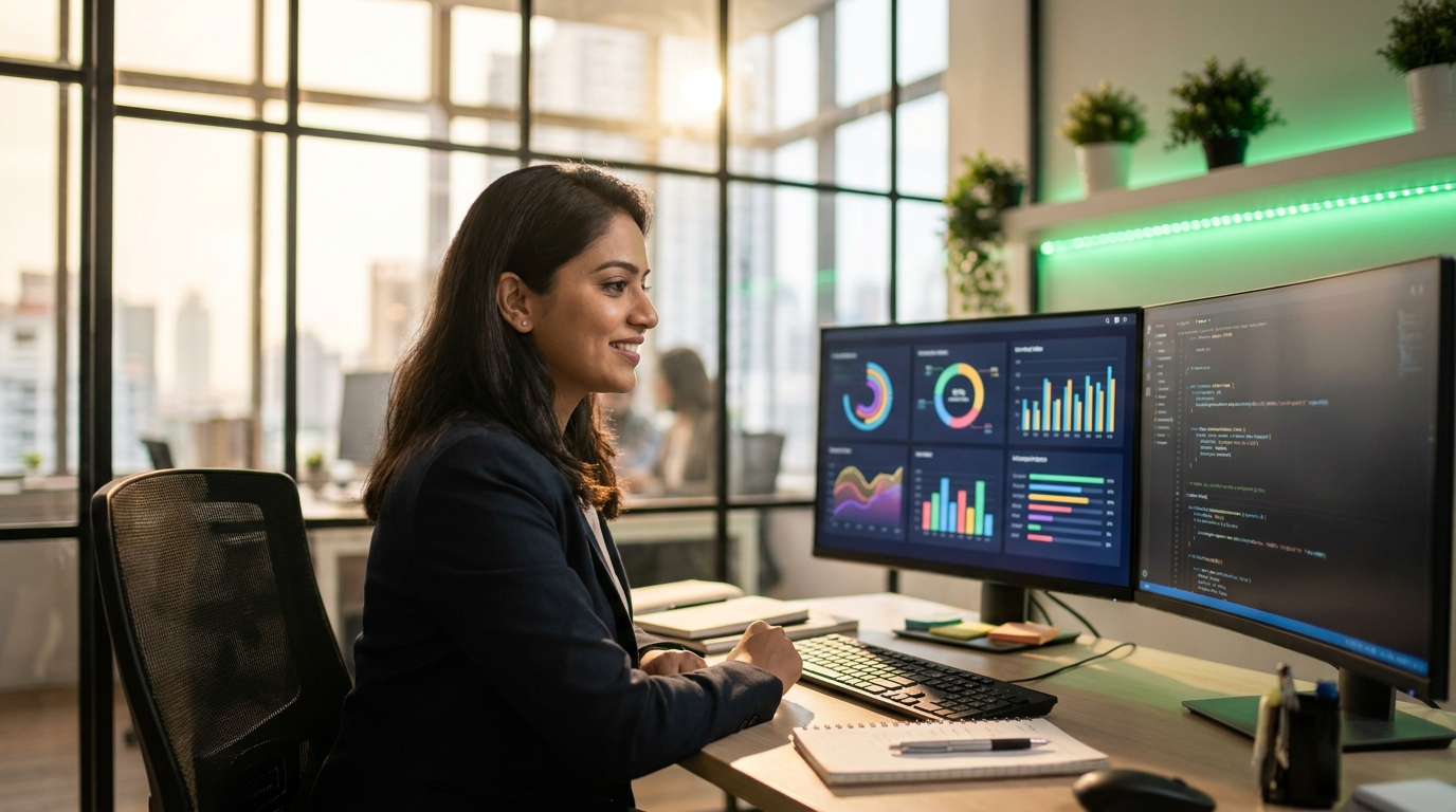 Indian data scientist working with data dashboards — data science salary in India 2026