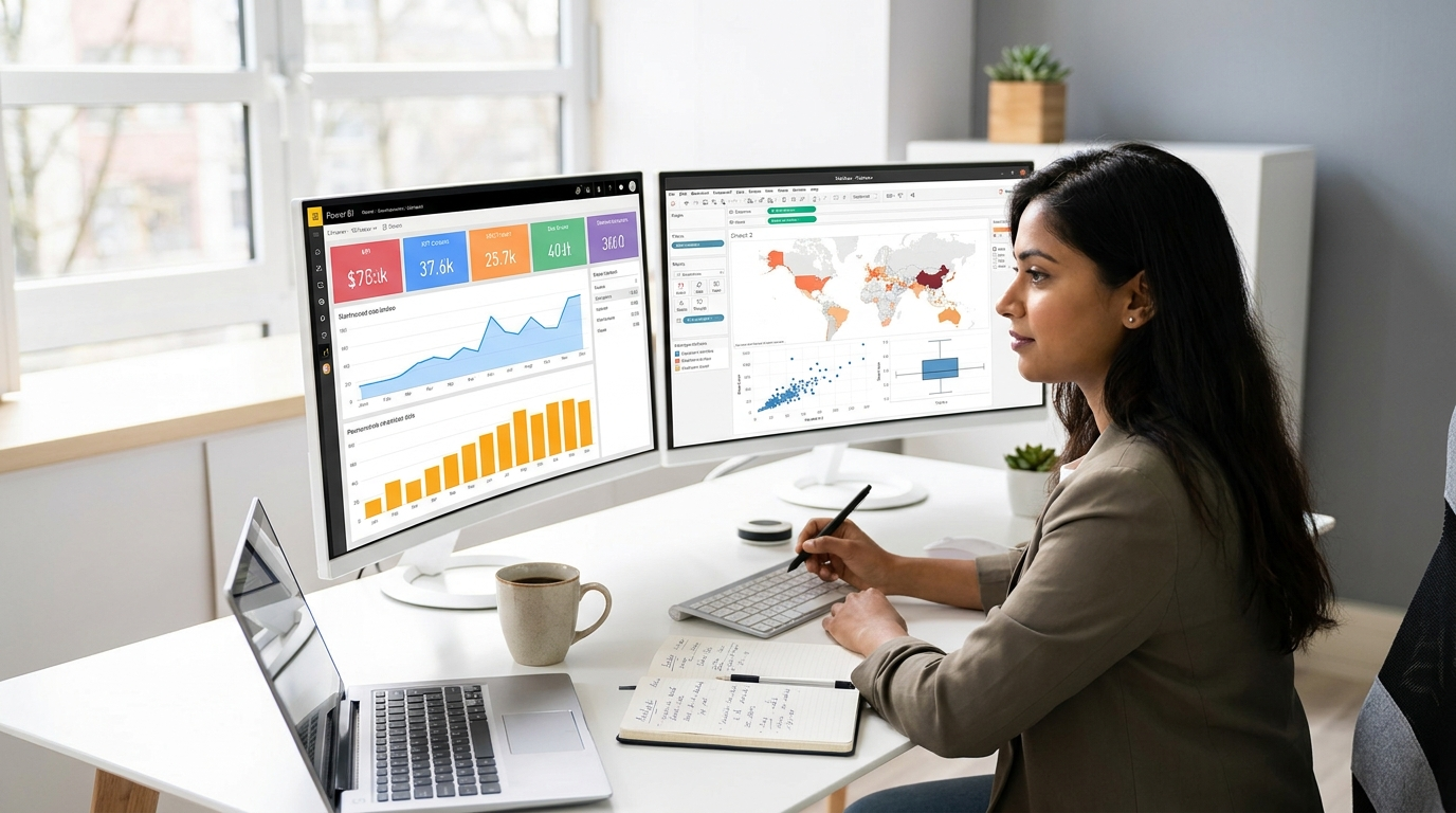 Power BI vs Tableau 2026 — Indian data analyst comparing Power BI and Tableau dashboards