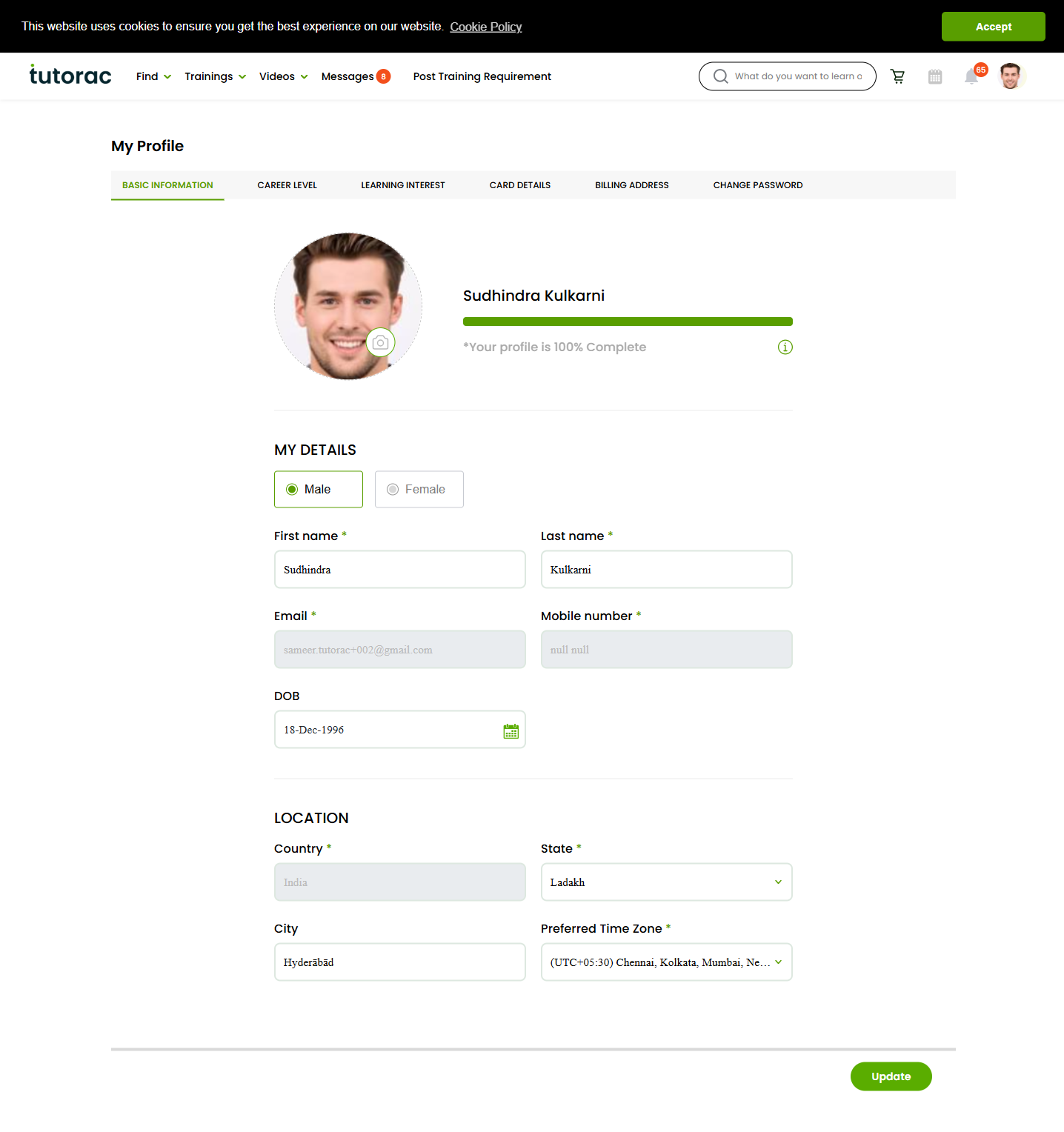 Tutorac Basic Information page with My Details and Location sections, profile completion bar visible.