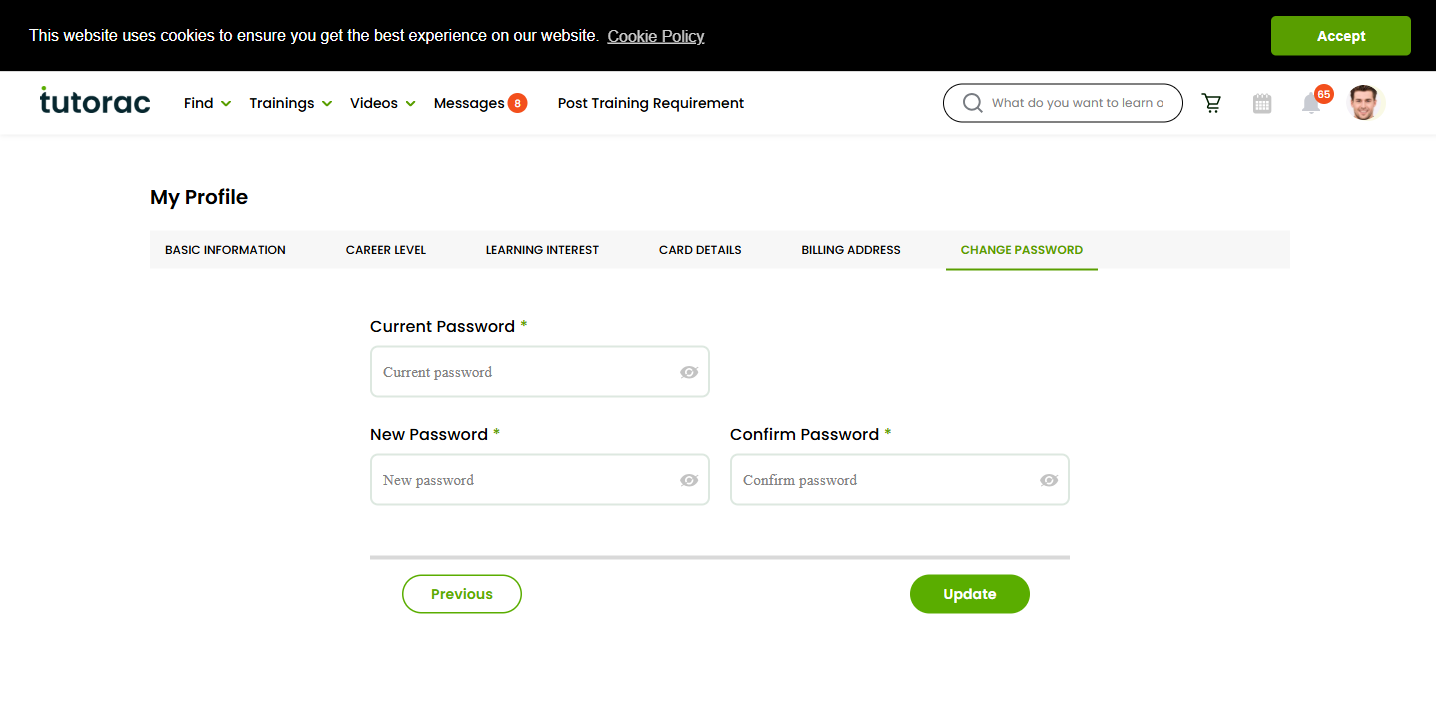 Tutorac Change Password page \u2014 the fastest way to lock an attacker out.
