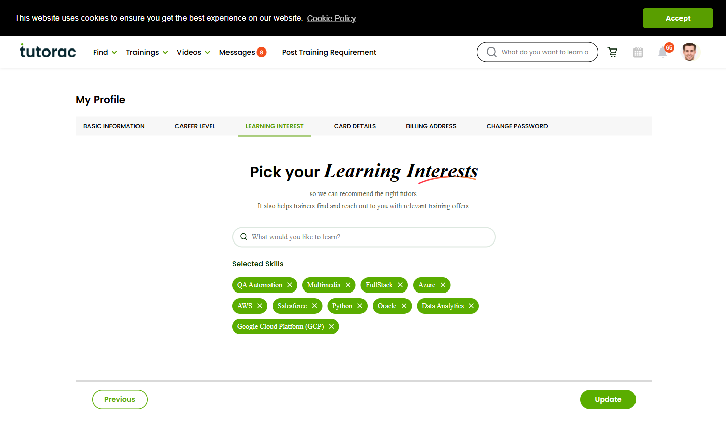 Tutorac Learning Interest page with selected skills displayed as chips.