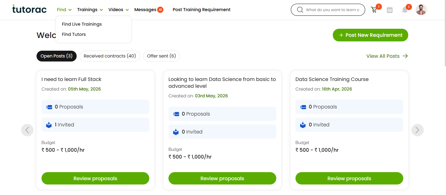 Top navigation with the Find menu open, showing Find Live Courses option