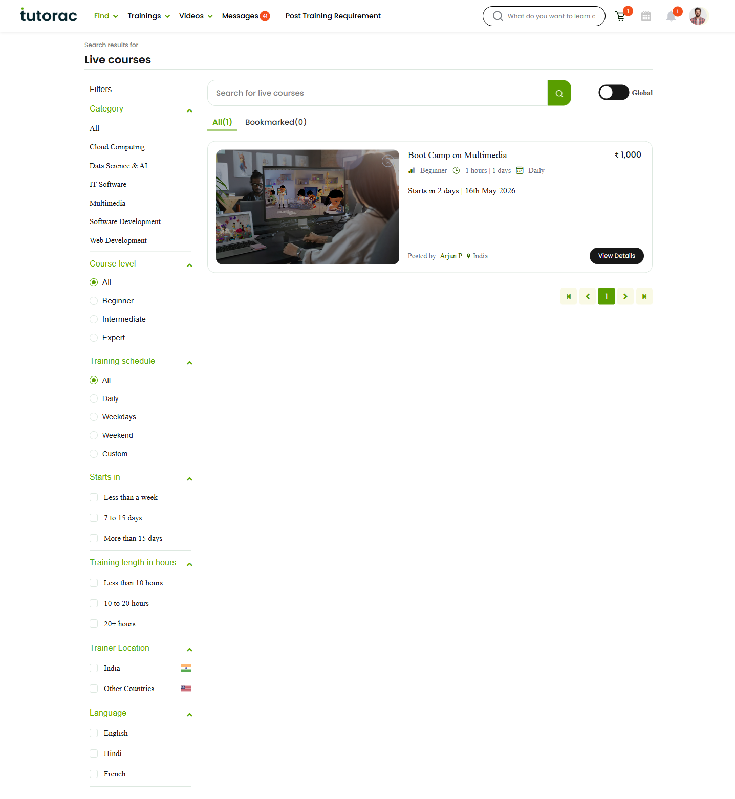 Live Courses catalog page with the filters panel on the left and course tiles on the right
