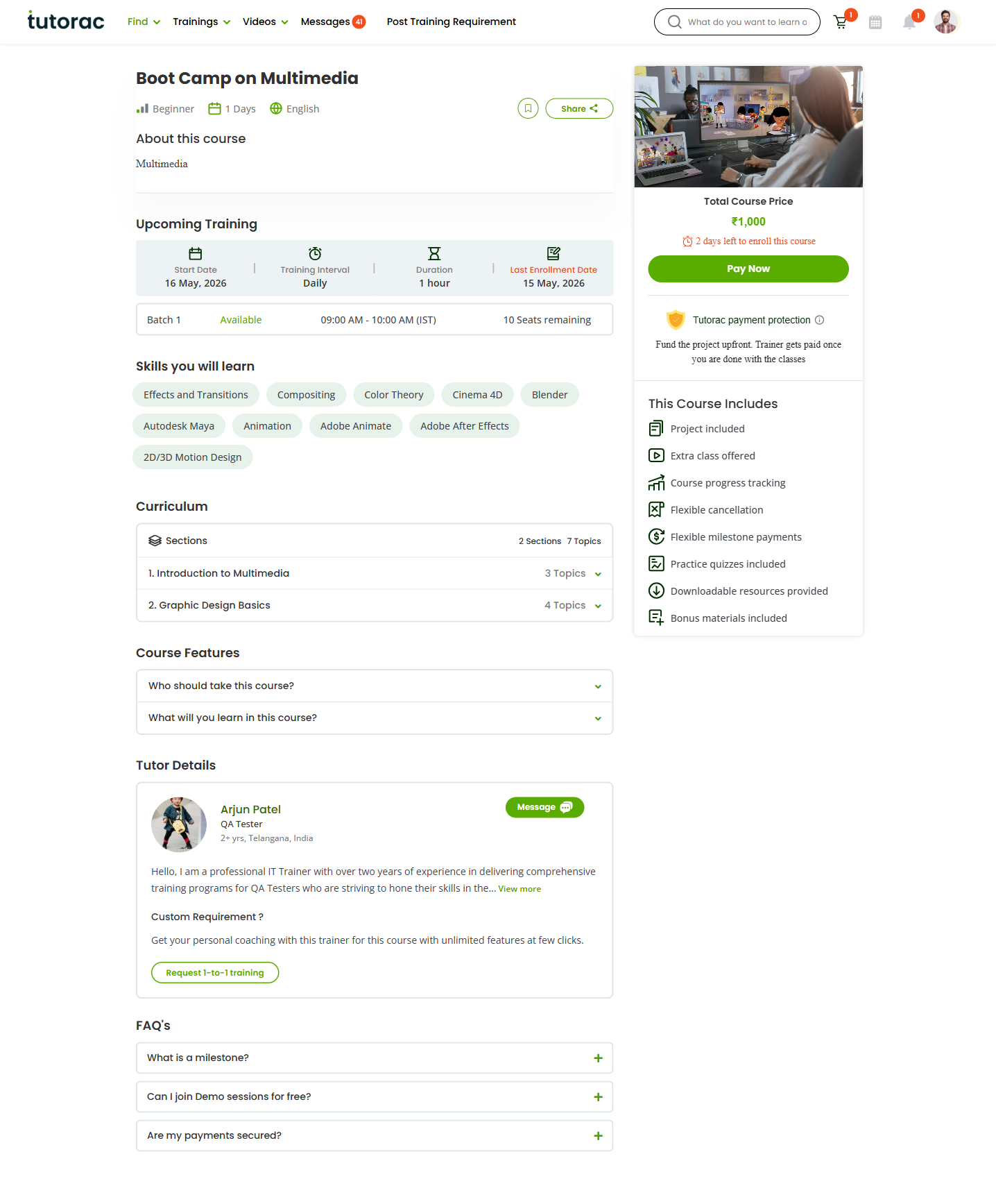 Live Course detail page with Total Course Price, Pay Now button, and Tutorac payment protection badge on the right