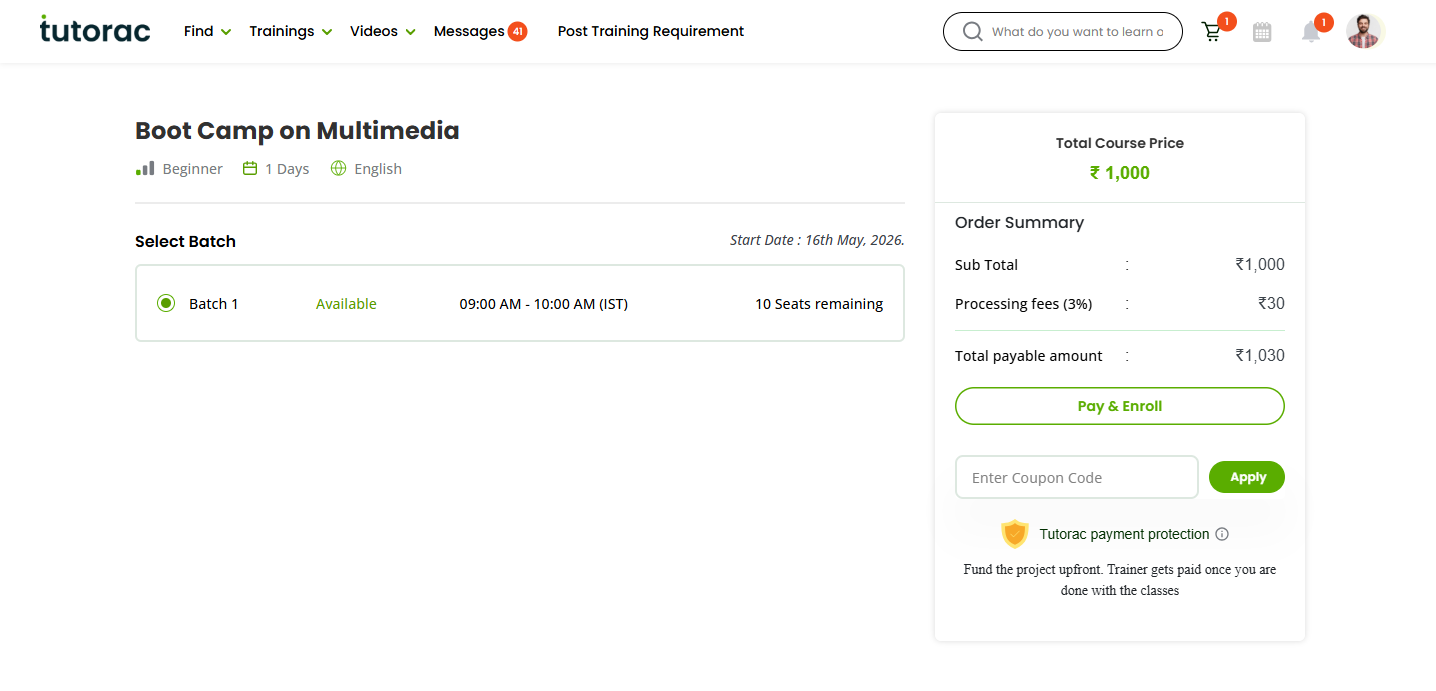 Checkout page with Select Batch, Order Summary including Processing fees 3%, Coupon Code input, and Pay and Enroll button