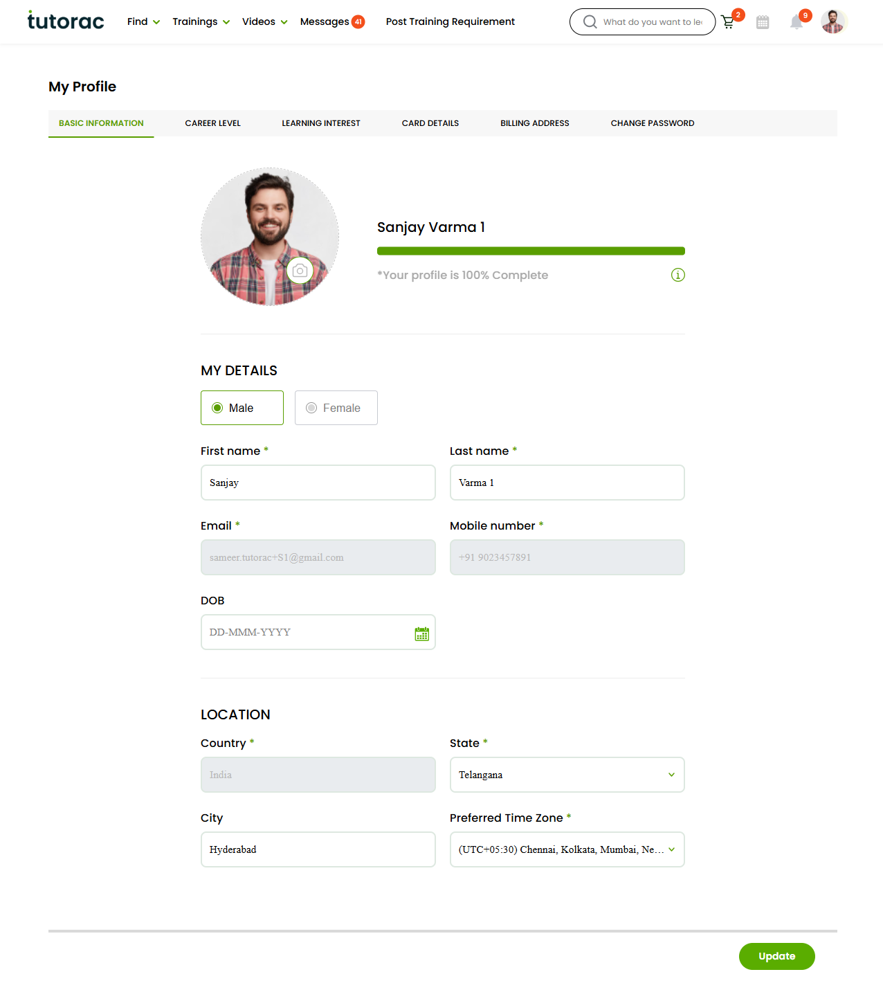 Tutorac learner profile — Basic Information tab with photo, name fields, email, mobile, DOB, country/state/city, and time zone selector.