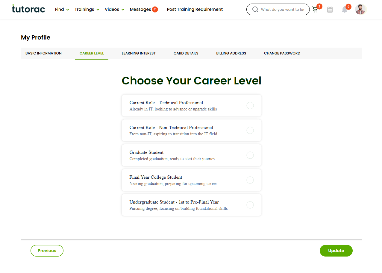 Tutorac learner profile — Career Level tab with the five radio options.