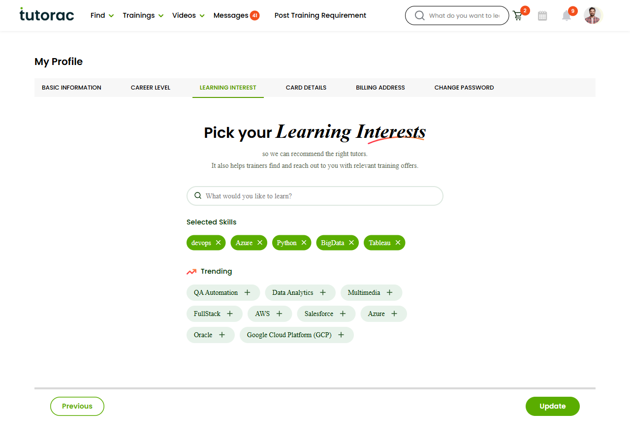 Tutorac learner profile — Learning Interest tab with the search box, Selected Skills chips, and Trending skills.