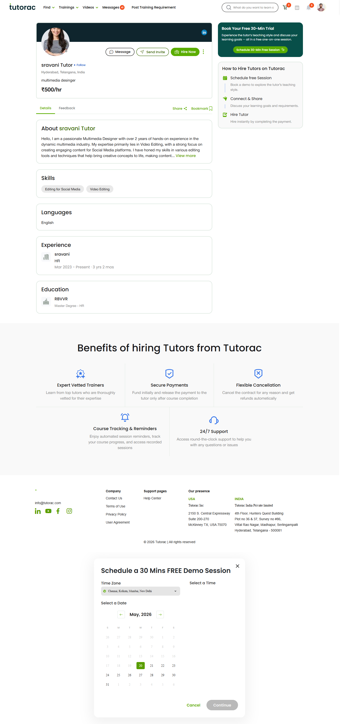 Tutorac Schedule a 30 Mins FREE Demo Session modal on a tutor profile.