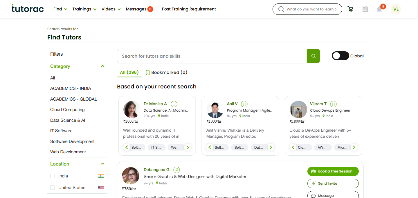 Tutorac Invite Tutor to Training Requirement modal showing tutor info, Select a Training Requirement dropdown, Message field, and Cancel / Yes, Invite! buttons.