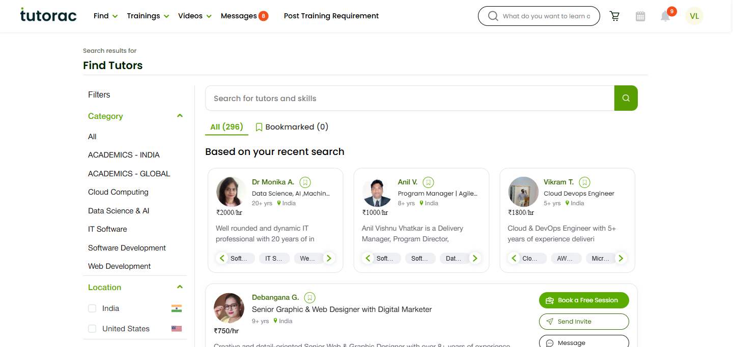 Tutorac Send Direct Message modal with tutor info, optional Training Requirement dropdown, Message textarea with suggested prompts, and Cancel / Send message buttons.