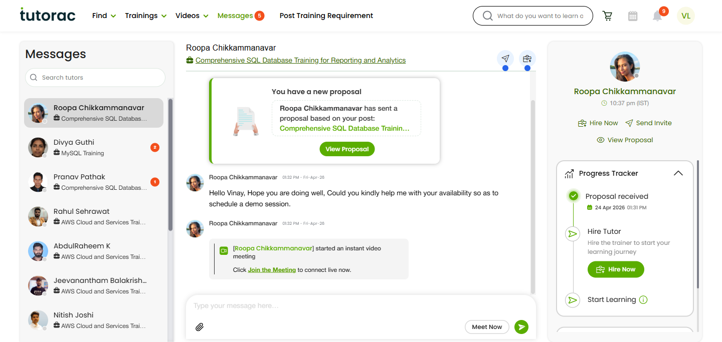 Tutorac Messages hub showing conversation list on the left grouped by Training Requirement, an open chat thread in the middle with proposal and meeting notifications, and quick actions plus Progress Tracker on the right.