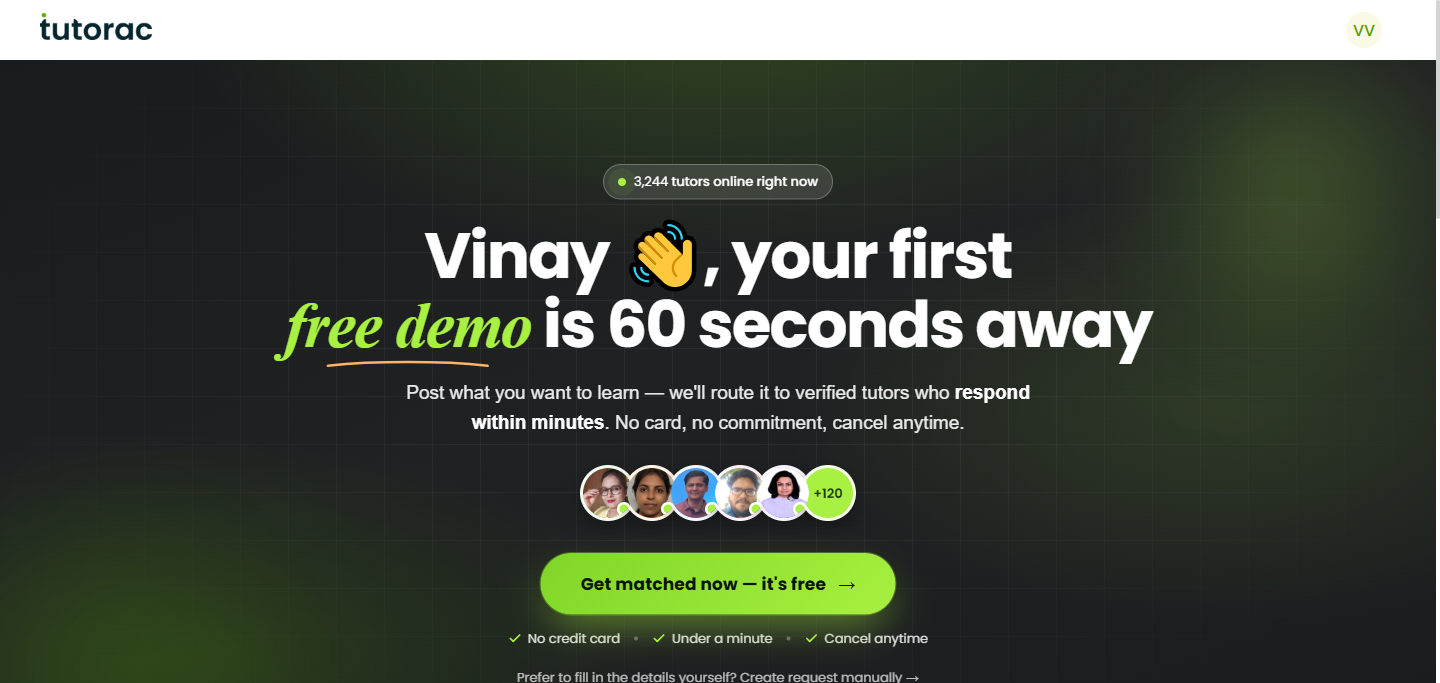Tutorac Post Training Requirement landing page with personalized greeting, Get matched now button, Create request manually link, and a 4-step explainer (Share your goal, Get proposals, Join a free demo, Hire when ready).
