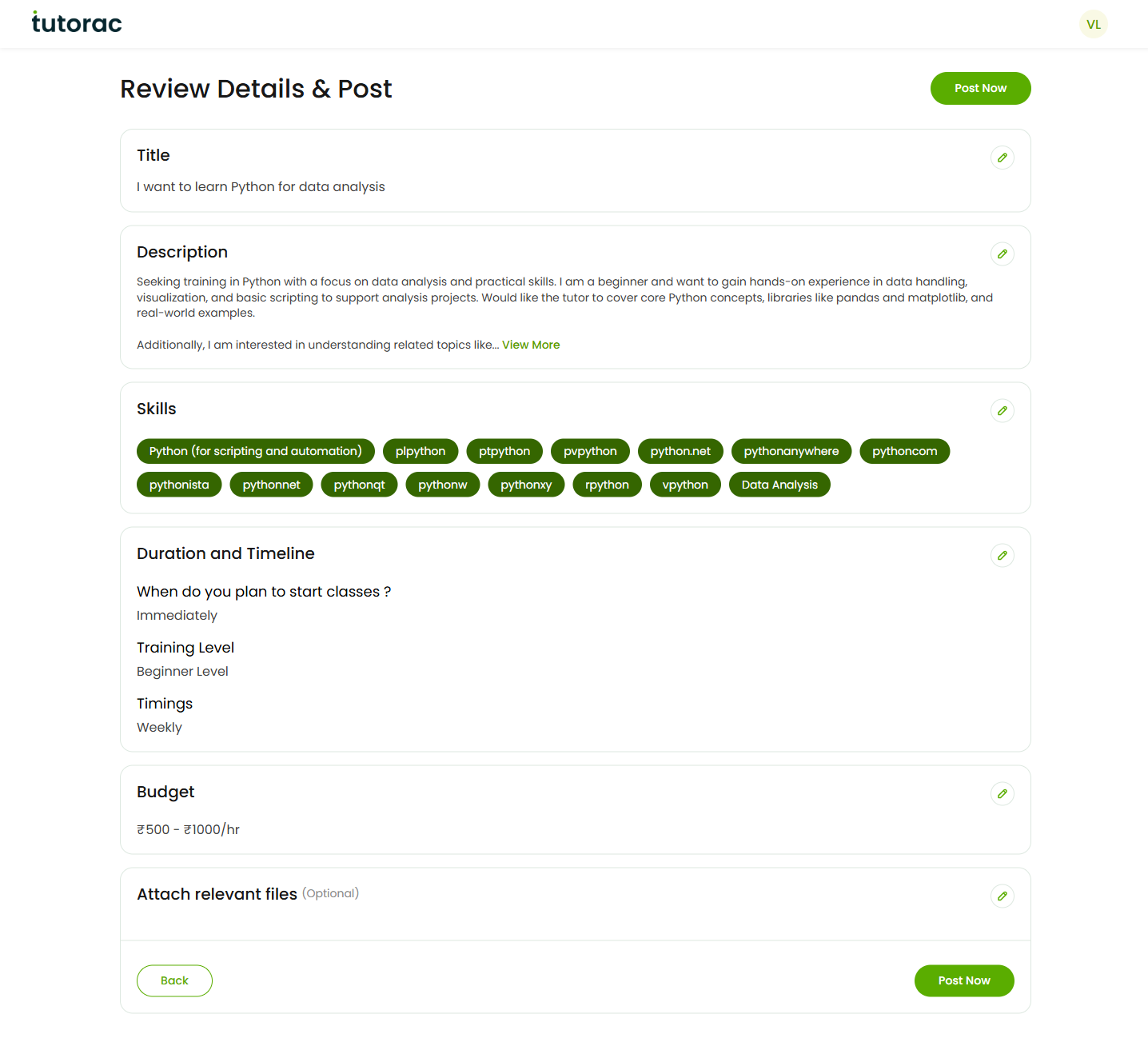 Tutorac Review Details and Post page showing AI-generated Title, Description, Skills, Duration and Timeline, Training Level, Timings, Budget range, and an optional file-attach area, with a Post Now button.