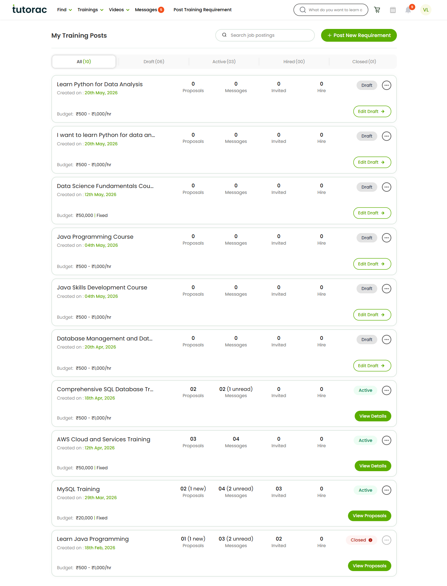 Tutorac My Training Posts hub with multiple cards across All / Draft / Active / Hired / Closed status tabs and four counters per card (Proposals, Messages, Invited, Hire).