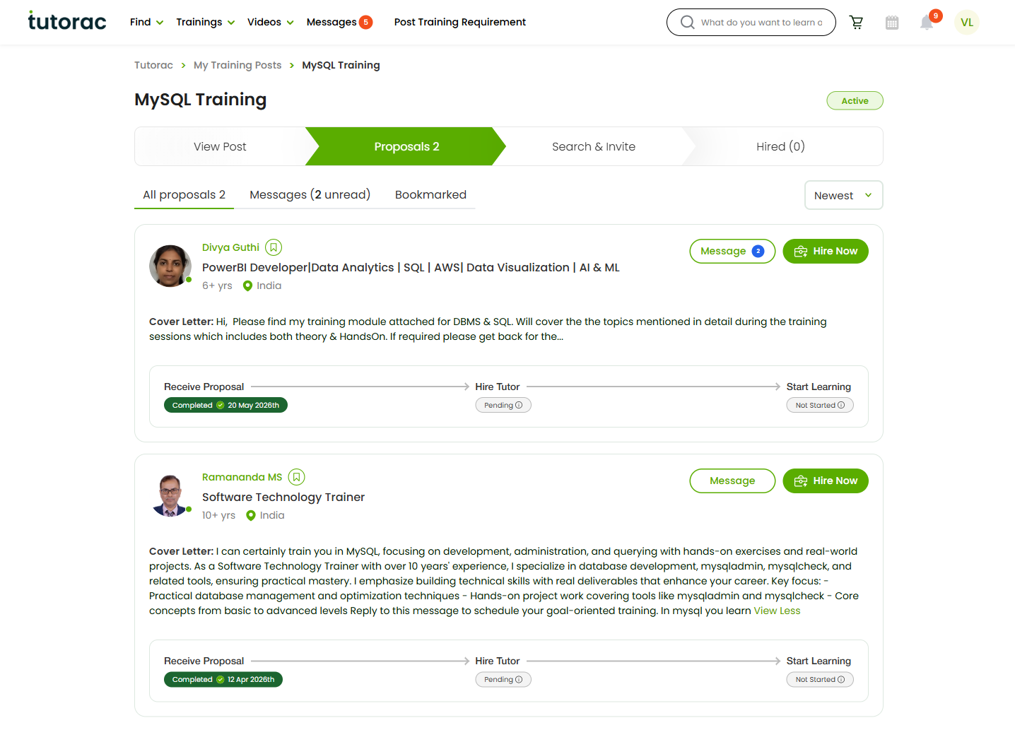 Tutorac proposal card showing the Message button (with unread badge) next to the Hire Now button, alongside the tutor’s cover letter and Receive Proposal / Hire Tutor / Start Learning progress timeline.