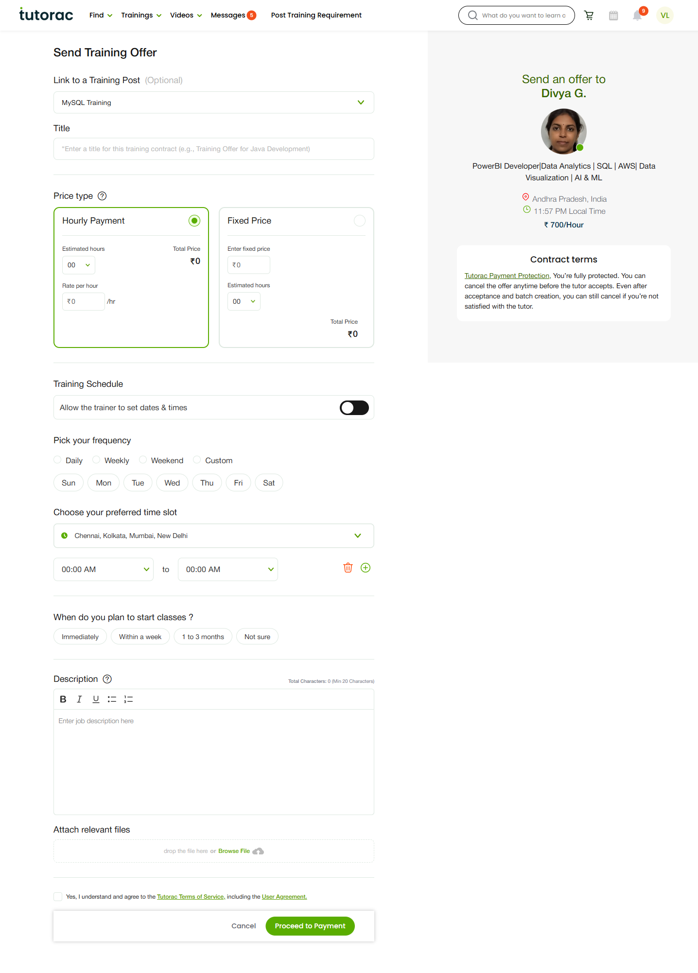 Tutorac Send Training Offer page showing the offer form on the left (Link to Training Post, Title, Price type, Training Schedule, Description, Attachments, Terms checkbox, Cancel and Proceed to Payment) and the tutor summary plus Tutorac Payment Protection note on the right.