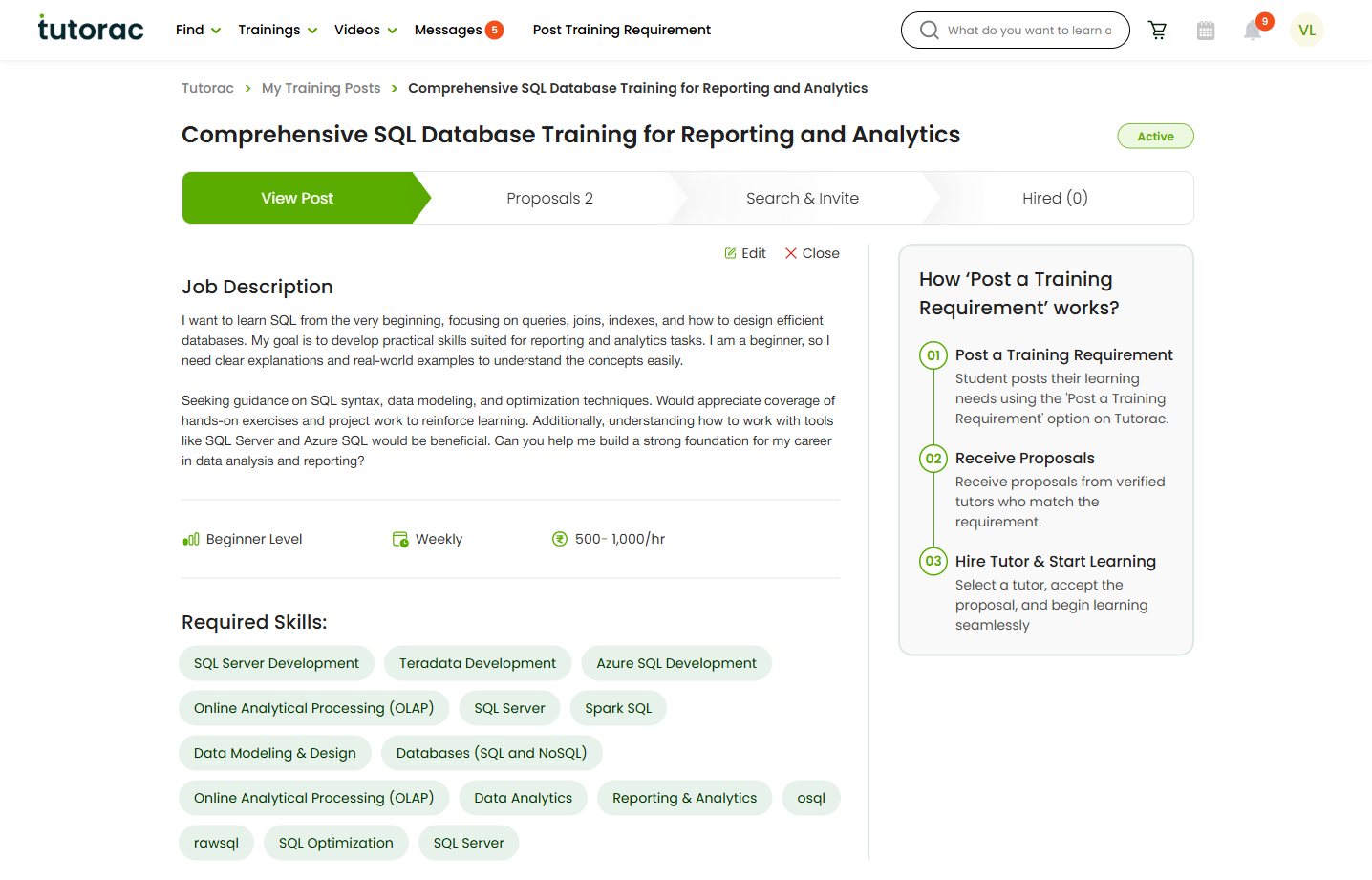 Tutorac Training Requirement details page for an Active requirement, showing the Proposals / Search & Invite / Hired tabs and the green Edit link plus red Close link beneath the title.