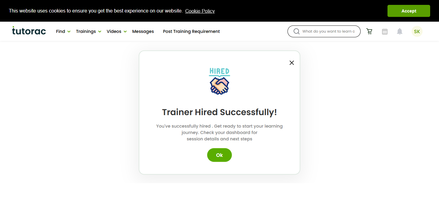 Trainer Hired Successfully confirmation page on Tutorac showing the hire request has been sent to the tutor.