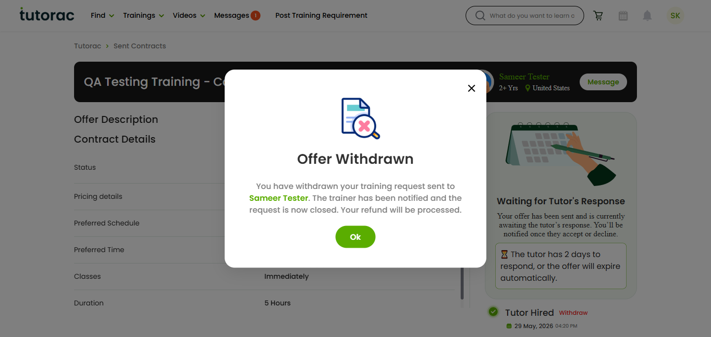 Offer Withdrawn confirmation dialog on Tutorac confirming the trainer has been notified and the refund will be processed.