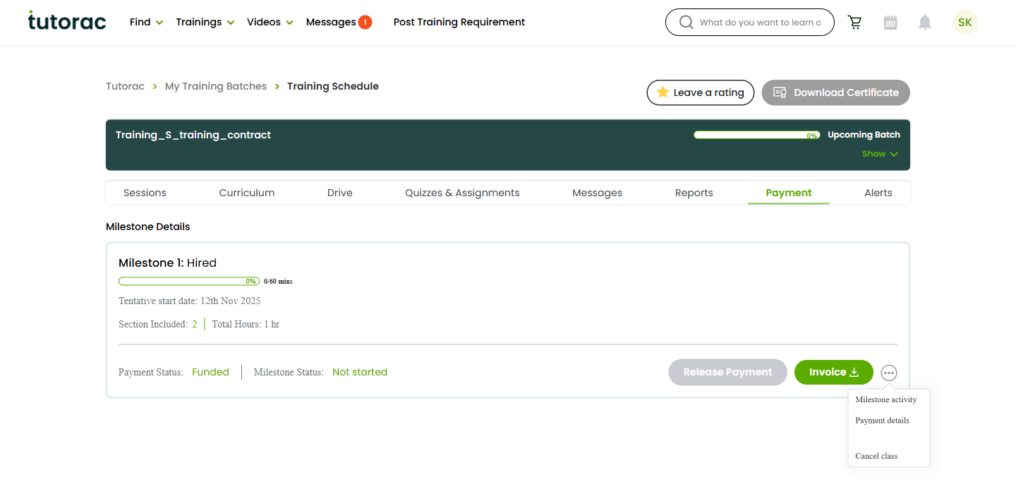 Training batch Payment tab on Tutorac showing a Funded milestone, Release Payment button, and the Cancel class option in the action row below.