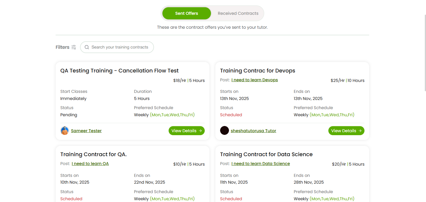 Sent Contracts list on Tutorac showing a hire request with status Pending awaiting the tutor's response.