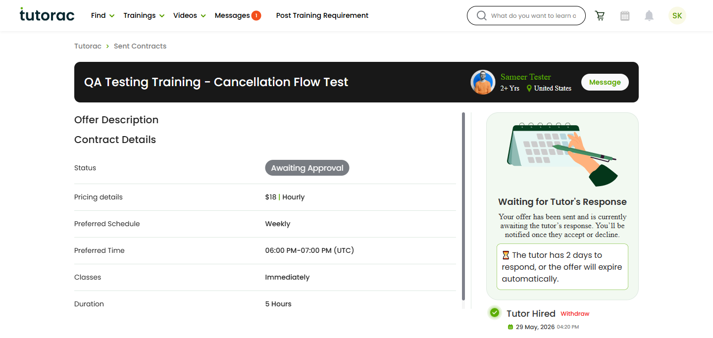 Contract details page on Tutorac with status Awaiting Approval and the Withdraw link in the Tutor Hired section.