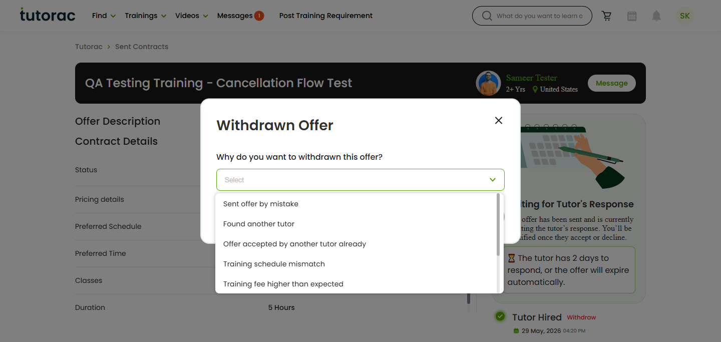 Withdrawn Offer dialog on Tutorac showing the open dropdown with all eight withdrawal reason options.