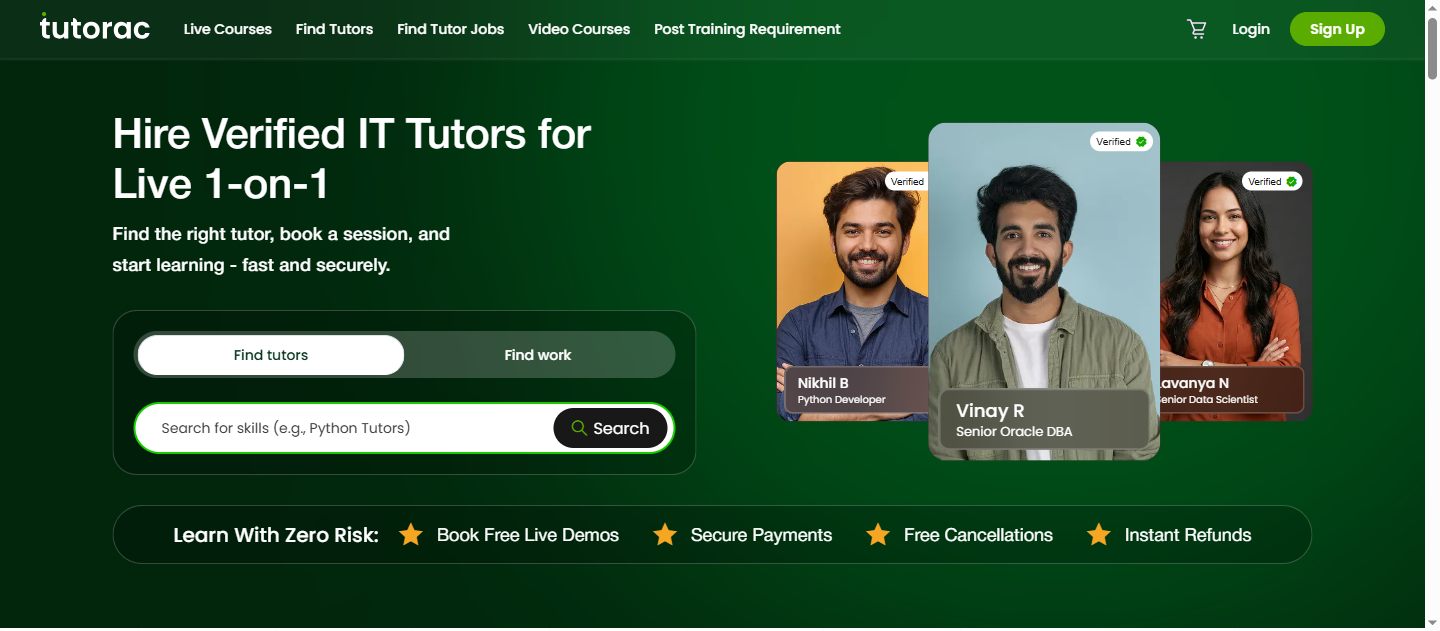 Tutorac homepage showing the live-tutoring marketplace with browse, find tutors, and live courses navigation.