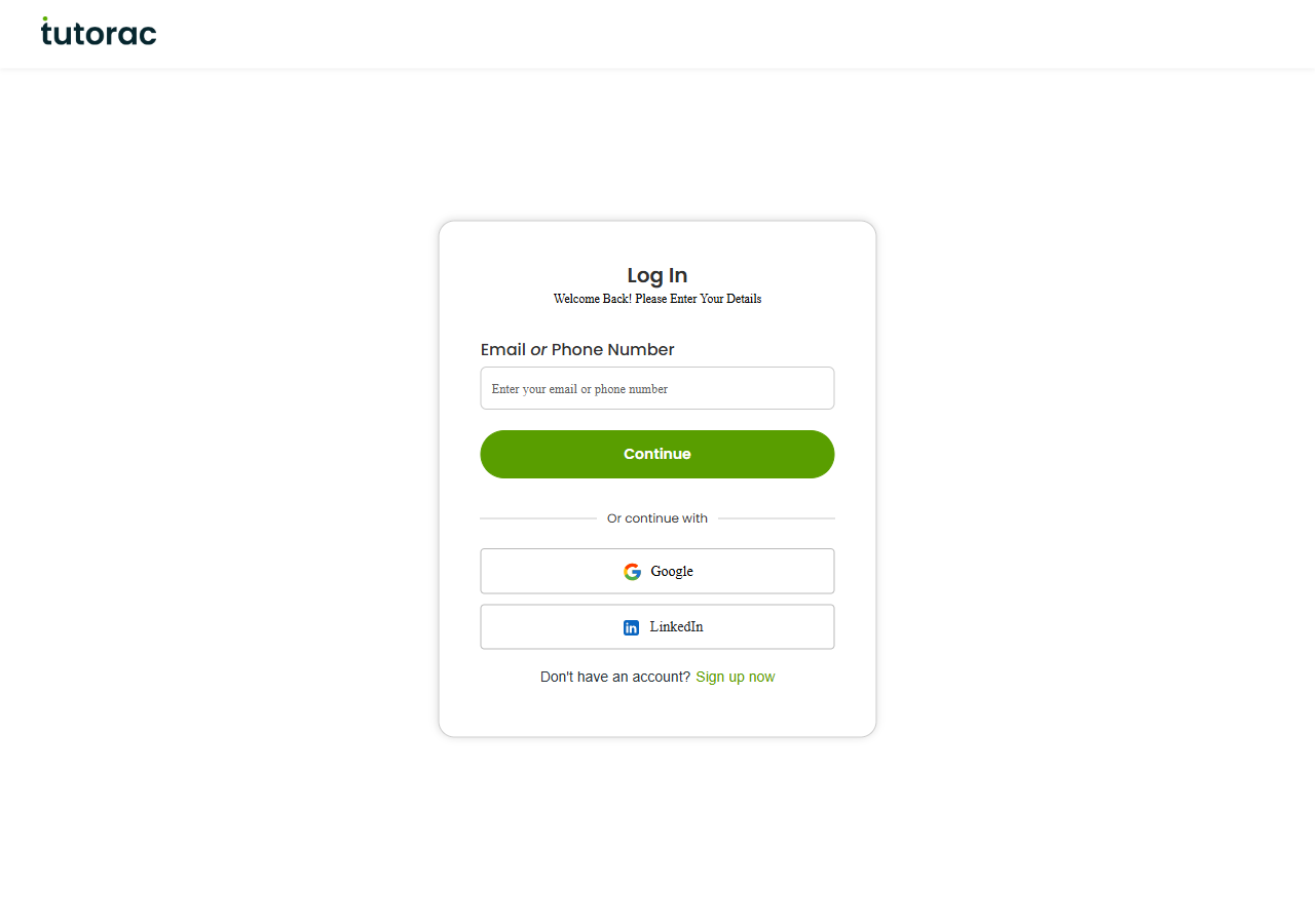 Tutorac sign-in page with email/phone field and Google and LinkedIn sign-in buttons.