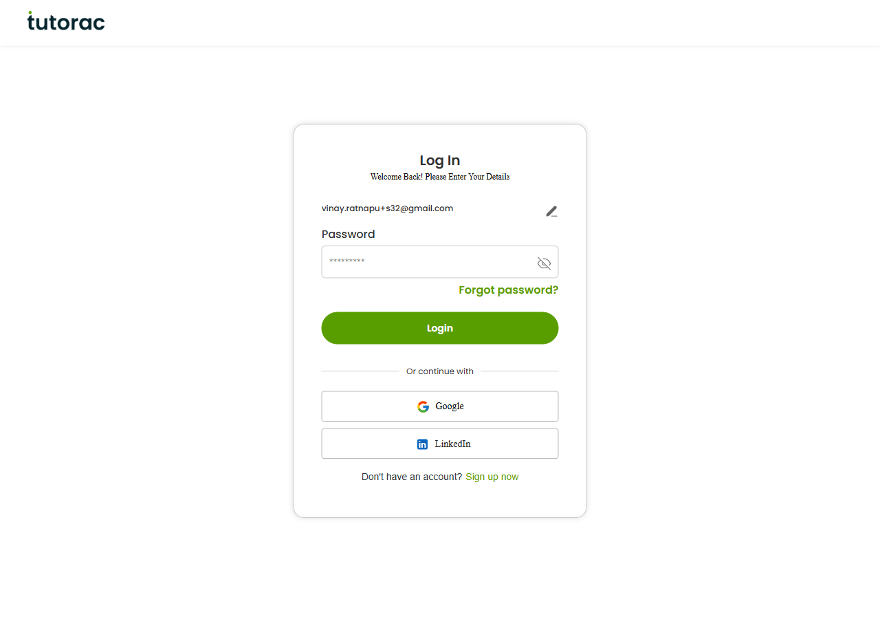 Tutorac sign-in password step showing the password field and Login button after entering your email.