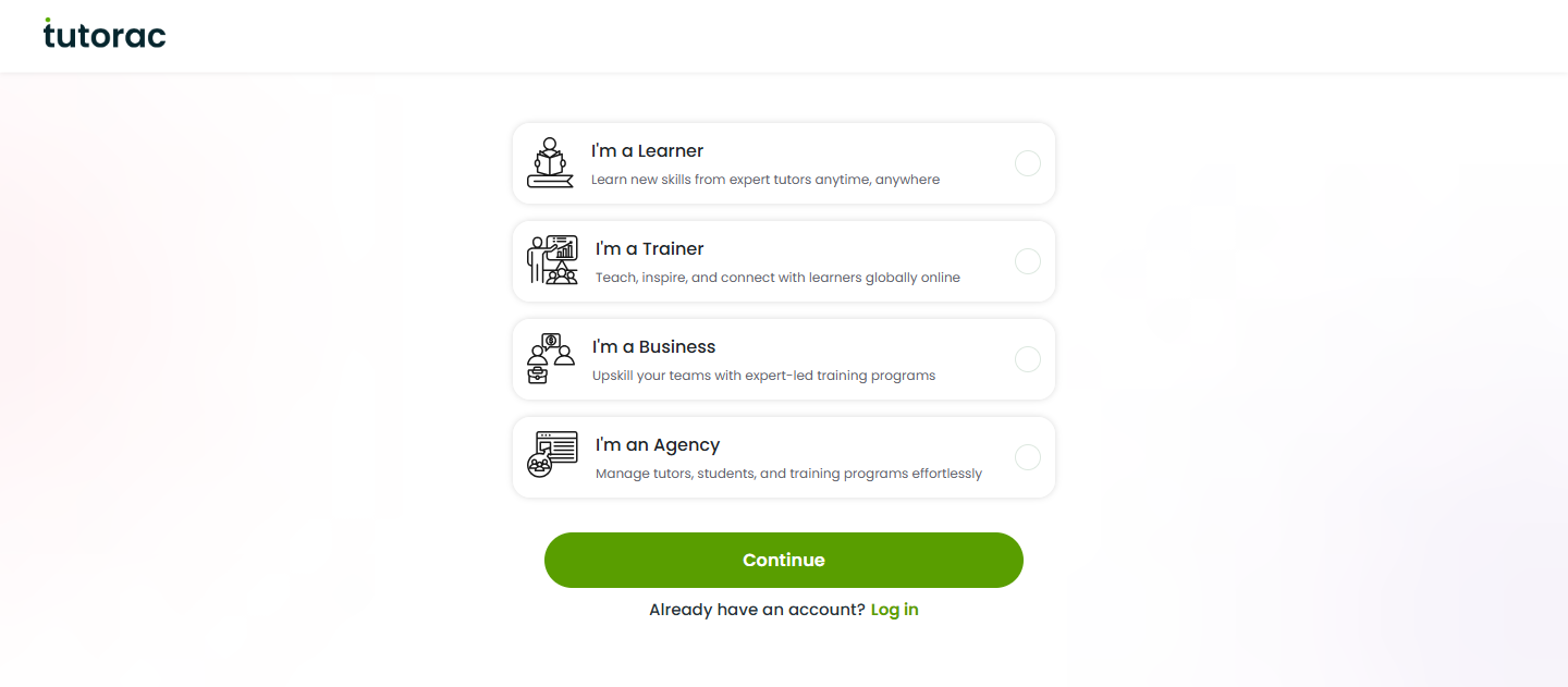 Tutorac signup role picker showing four cards: I'm a Learner, I'm a Trainer, I'm a Business, I'm an Agency.