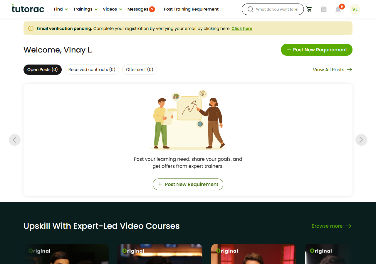 Tutorac learner top navigation bar showing Find, Trainings, Videos, Messages, Post Training Requirement, and avatar.