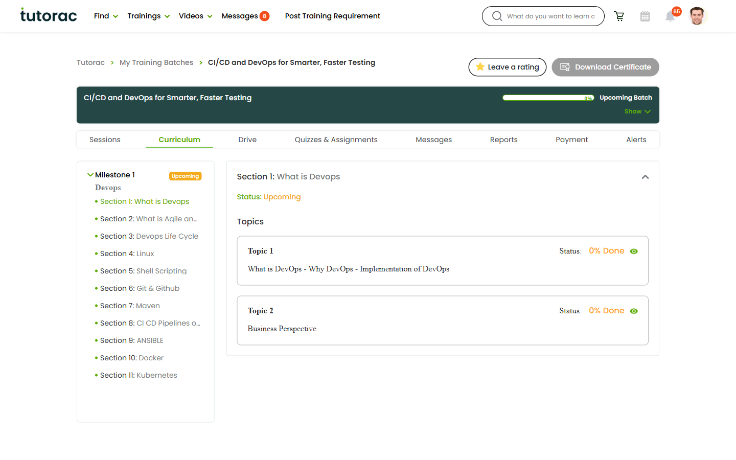 Tutorac Training Batch Curriculum tab showing the section-by-section course outline.