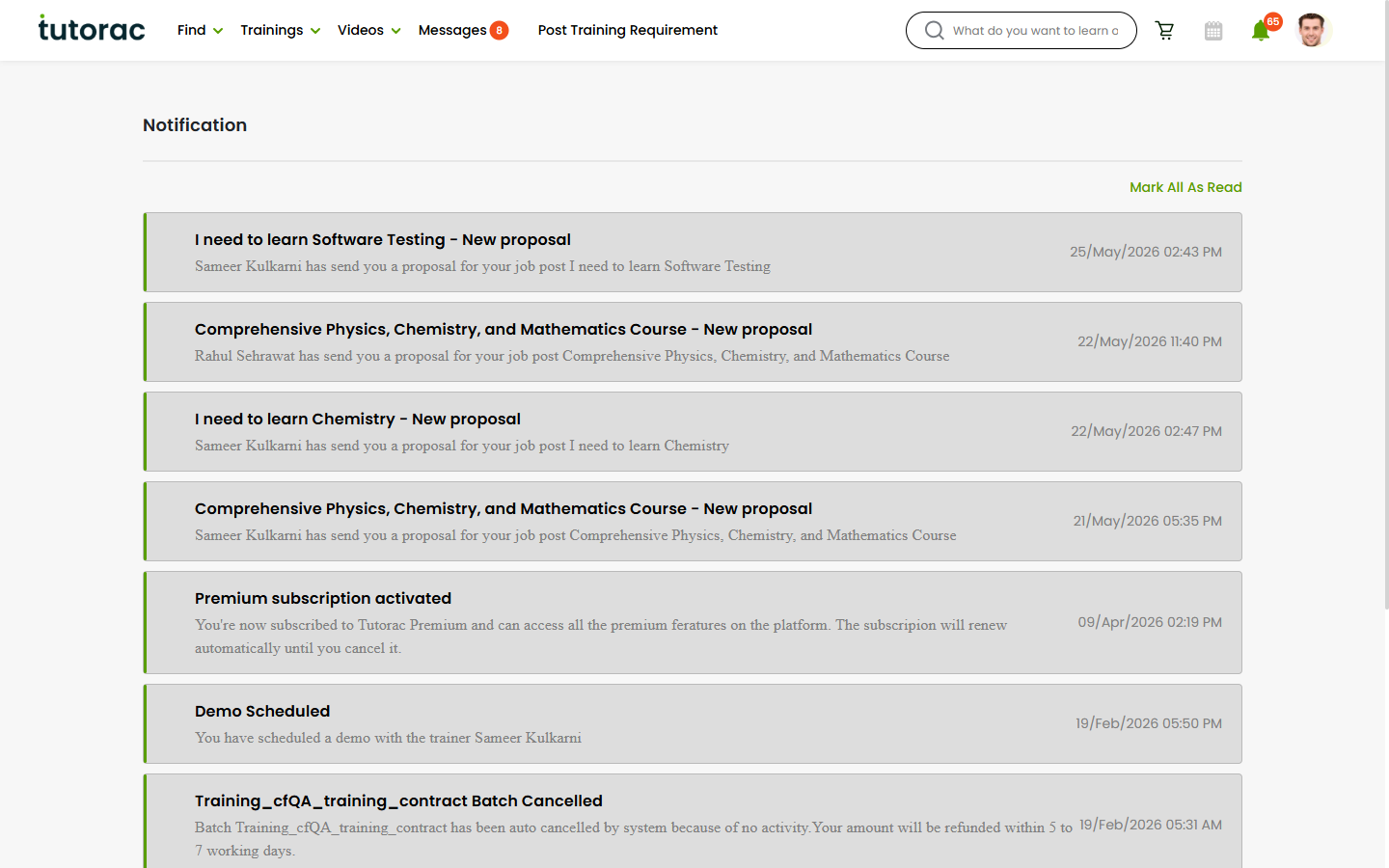 Tutorac Notifications page showing the chronological feed of platform events.