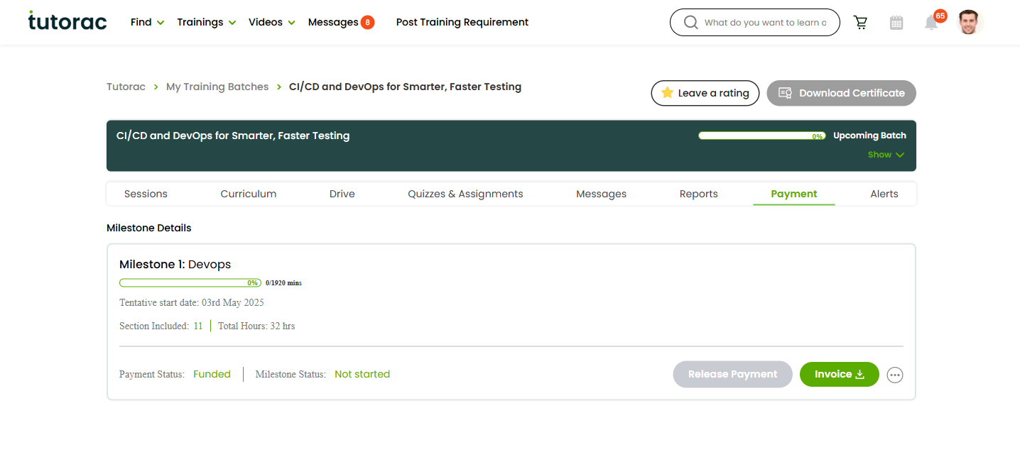 Milestone Details card on the payment tab of a Tutorac Training Batch with the Release Payment button highlighted.