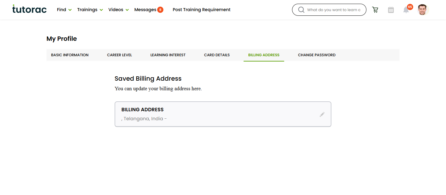 Billing Address page in the Tutorac learner profile.