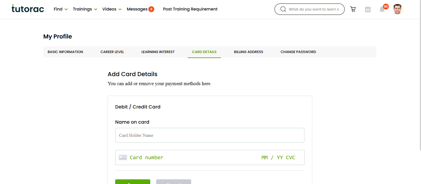 Add Card Details form on Tutorac with Name on card and card number fields, Save and Cancel buttons.