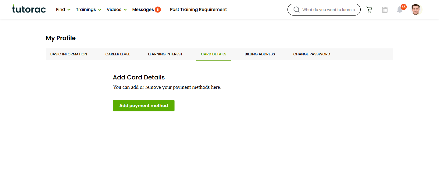 Tutorac Card Details page with Add payment method button and empty state.