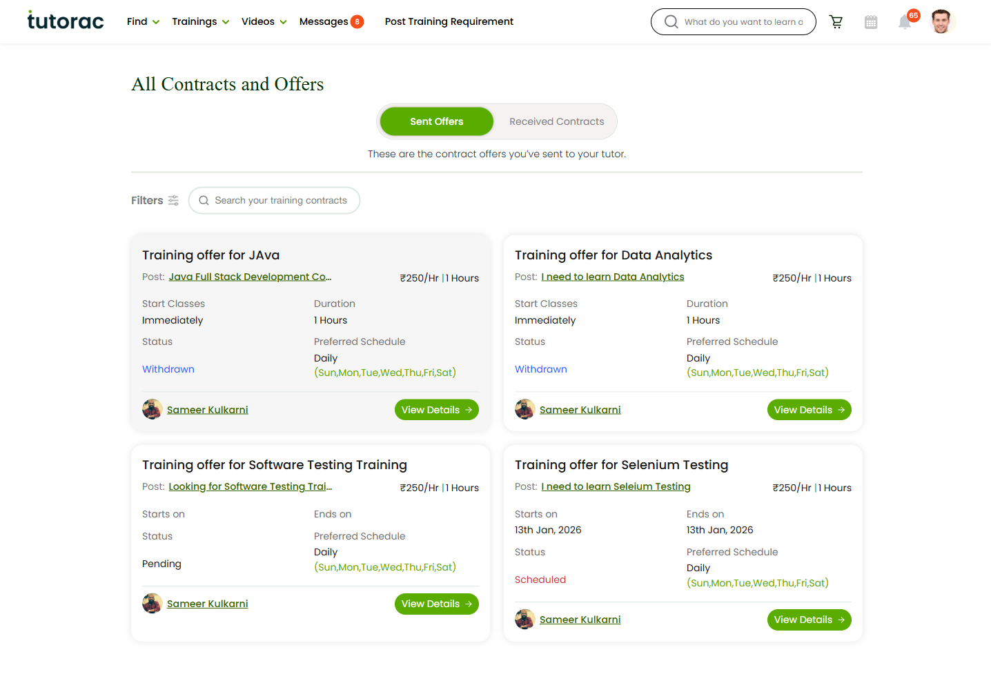 Tutorac Contracts page showing sent offers and received contracts tabs.