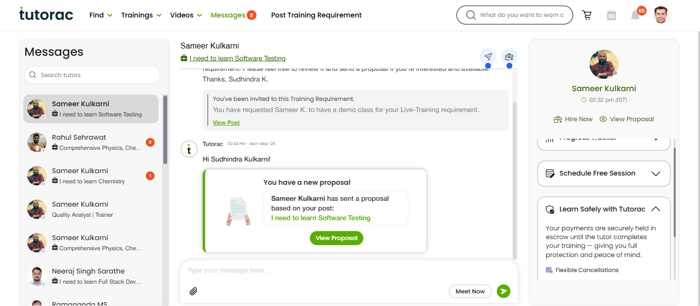 Learn Safely with Tutorac safety panel in chat, expanded showing escrow protection and four features.
