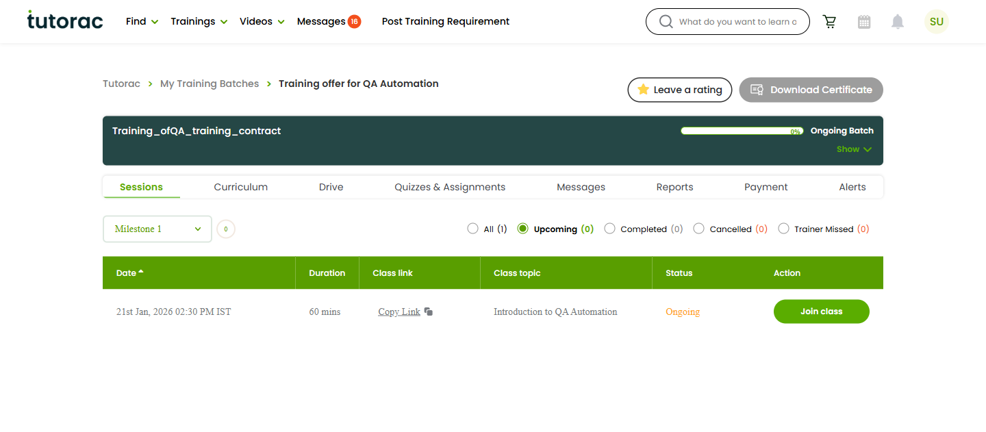The Sessions tab of a Tutorac training batch showing scheduled live classes