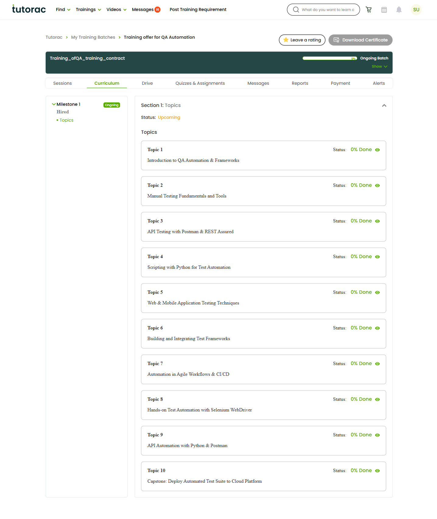 The Curriculum tab of a Tutorac training batch showing the planned course topics