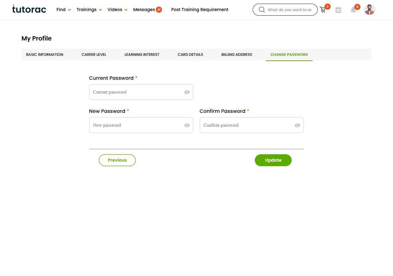 Tutorac learner profile — Change Password tab with Current Password, New Password, and Confirm Password fields, each with an eye icon to reveal typed text.