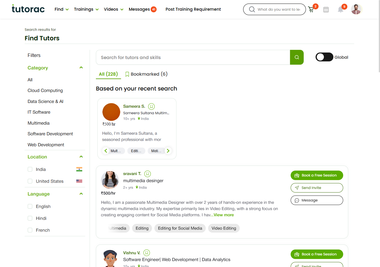 Tutorac Find Tutors page with the Filters sidebar on the left (Category, Location, Language), Global/India tab control, All/Bookmarked counts, and tutor cards on the right showing photo, headline, experience, hourly rate, bio, skill tags, and the three action buttons.