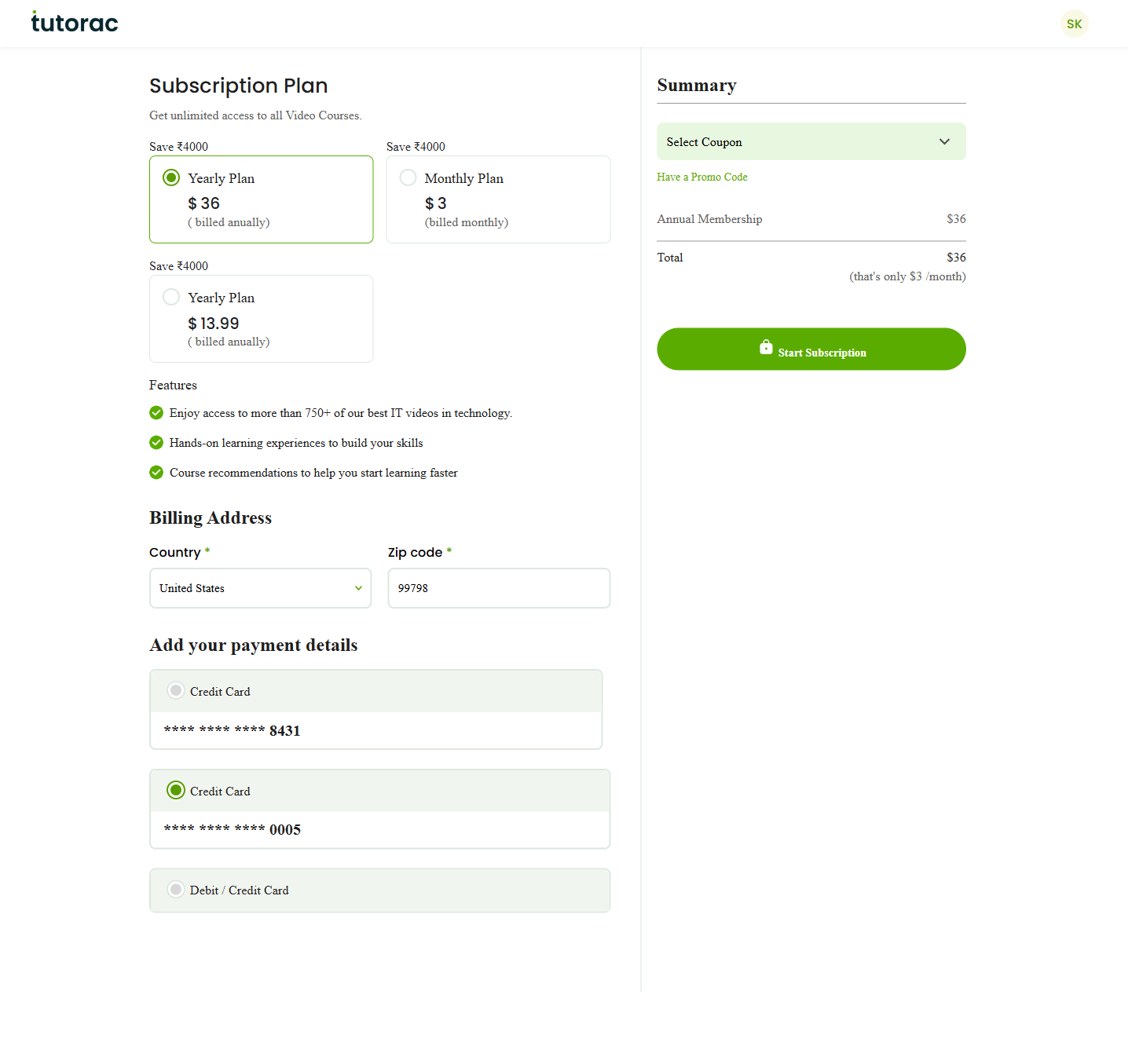 Tutorac subscription plans