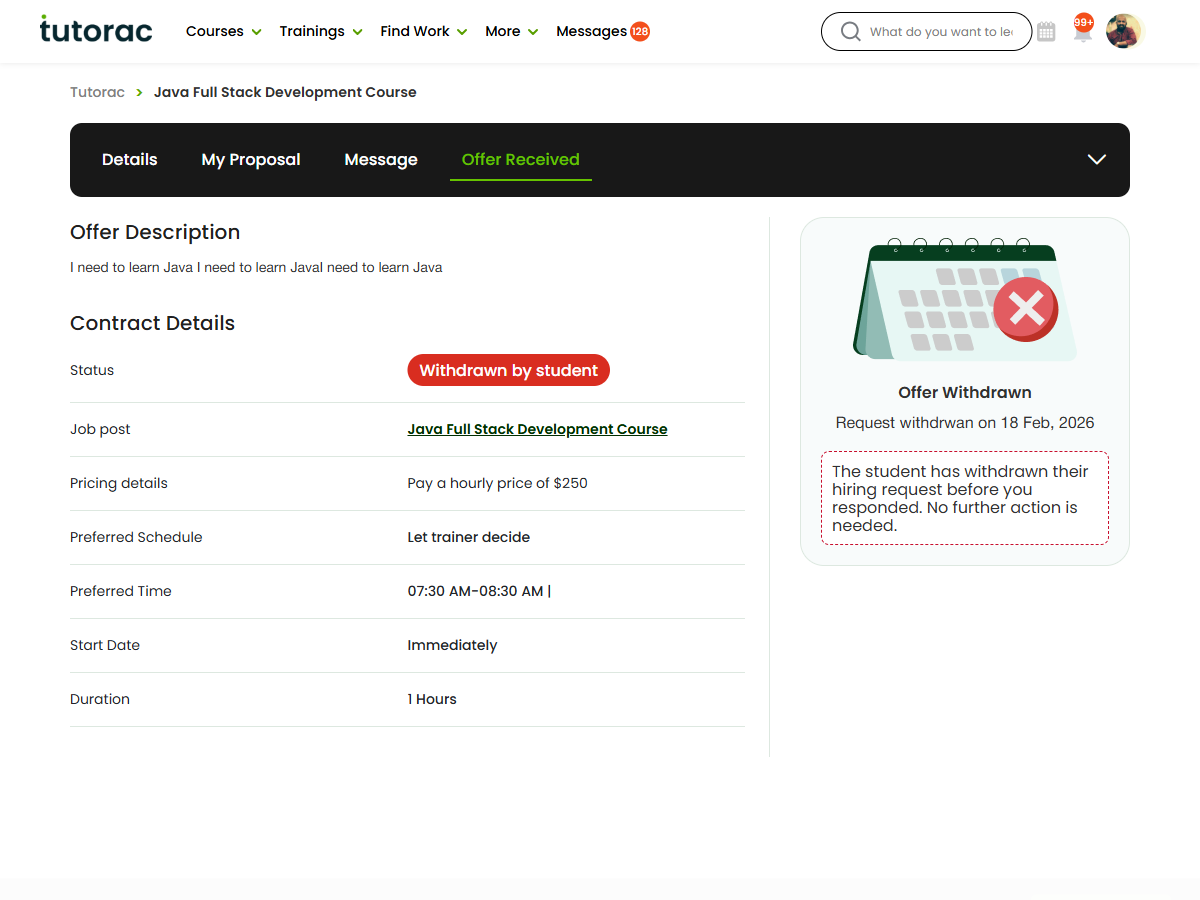 A received offer's View Details page on Tutorac — the Offer Received panel with the learner's Offer Description and a Contract Details block (Status, Job post, Pricing, Preferred Schedule, Preferred Time, Start Date, Duration) plus a status note