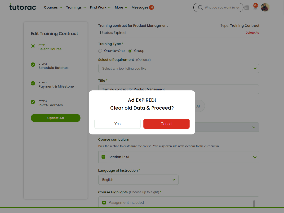 The Edit Training Contract wizard on Tutorac (Step 1 Select Course), opened from a sent contract via View & Edit — Training Type, Title, Select Course, curriculum sections, Language of Instruction and Course Highlights, with Update Ad and Delete Ad