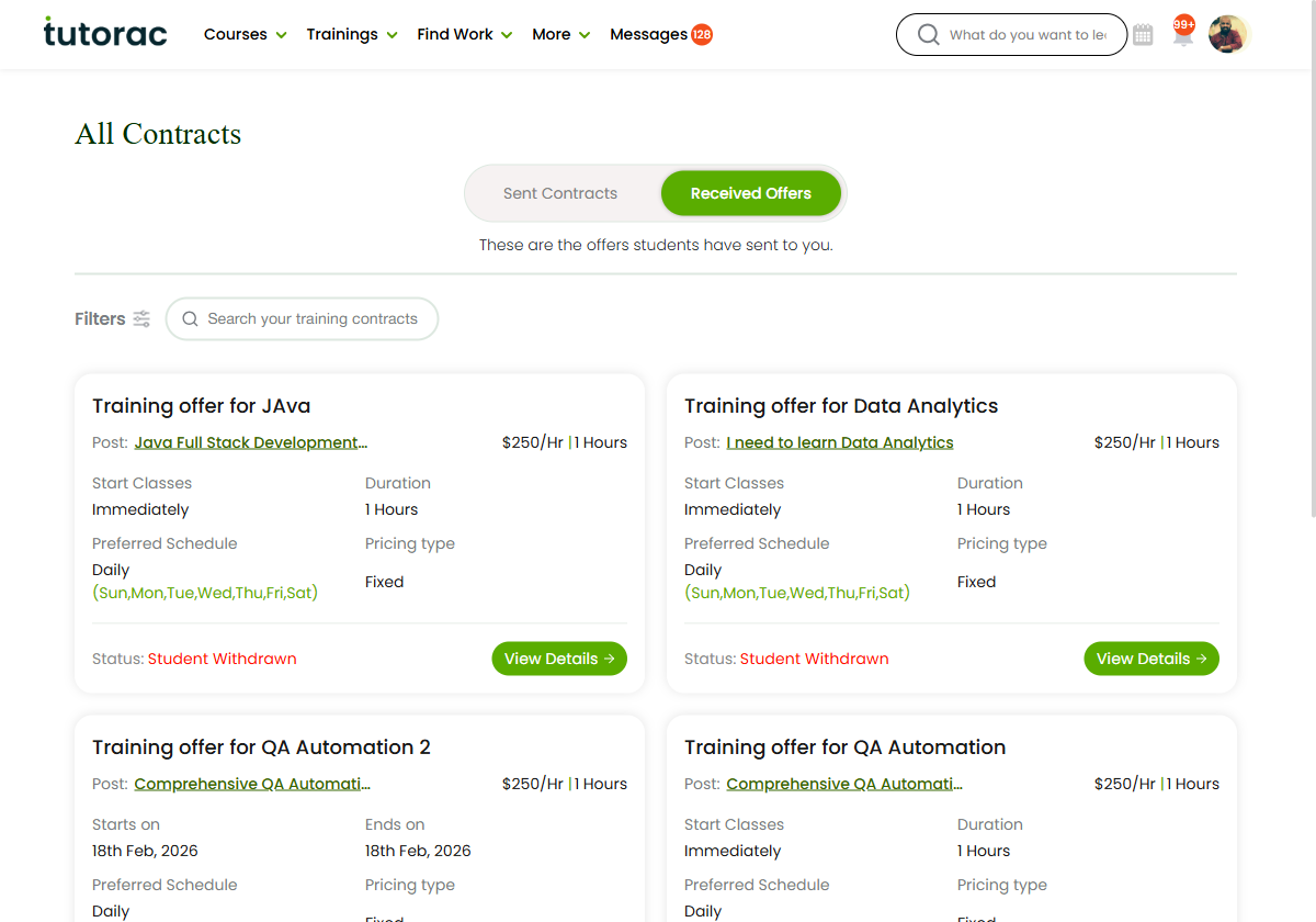 The Received Offers tab on Tutorac's All Contracts page — offers learners have sent the tutor, showing rate, duration, preferred schedule, pricing type and status (Scheduled / You Declined / Student Withdrawn) with View Details